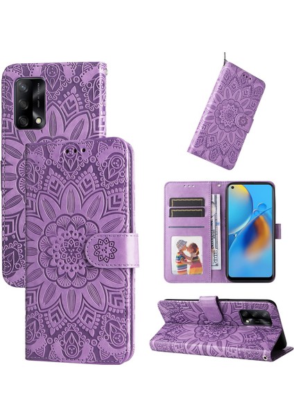 Oppo A74 4G/F19 4g ile Uyumlu Sunflower Kabartmalı Pu Deri Cüzdan Kılıf Kart Yuvaları ve Kickstand ile Çevirmeli Koruyucu Telefon Kapağı (Yurt Dışından)