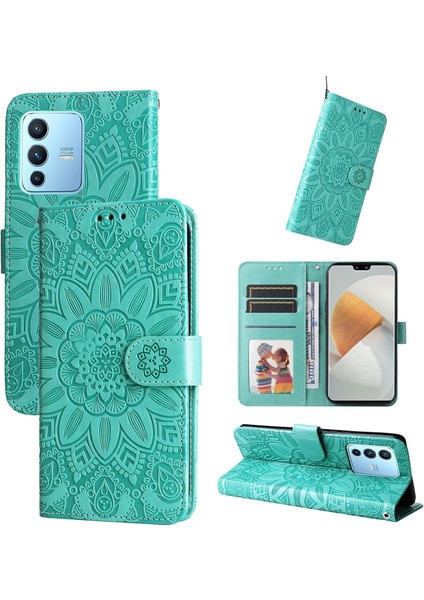 Vıvo V23 Pro ile Uyumlu Sunflower Kabartmalı Pu Deri Cüzdan Kılıf Kart Yuvaları ve Kickstand ile Çevirmeli Koruyucu Telefon Kapağı (Yurt Dışından)