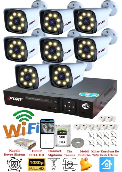 8 Kameralı 5mp Lens 1080p 2mp Color Görüntü 8 Warm Led Gece Görüş FullHd Güvenlik Kamera 5520W 500GB