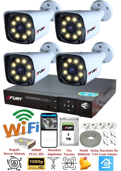 4 Kameralı 5mp Lensli 1080p 2mp Color Görüntü 8 Warm Led Gece Görüşlü FullHd Güvenlik Kamera Sistemi 1TB