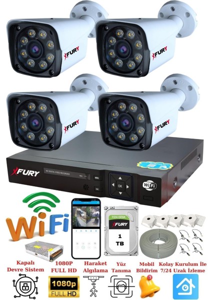 4 Kameralı 5mp Lensli 1080p 2mp Color Görüntü 8 Warm Led Gece Görüşlü FullHd Güvenlik Kamera Sistemi 1TB fiyatları