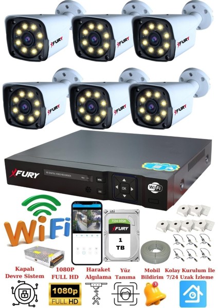 6 Kameralı 5mp Lens 1080p 2mp Color Görüntü 8 Warm Led Gece Görüş FullHd Güvenlik Kamera 5520W 1TB