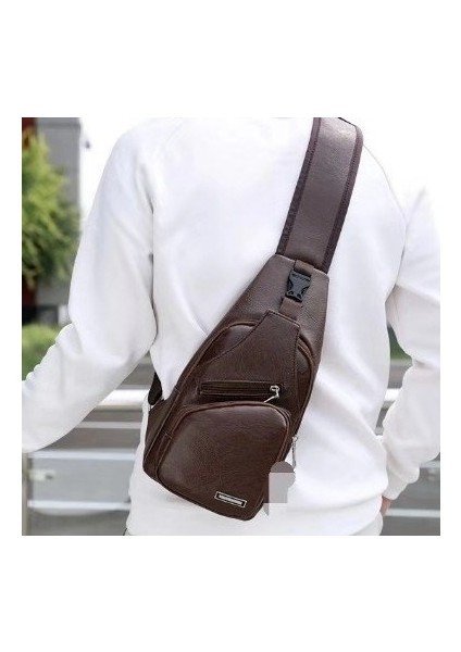 Rahat Moda Omuz Çantası USB Şarj Göğüs Çantası Pu Erkek Göğüs Çantası Iş Crossbody Çanta (Yurt Dışından)