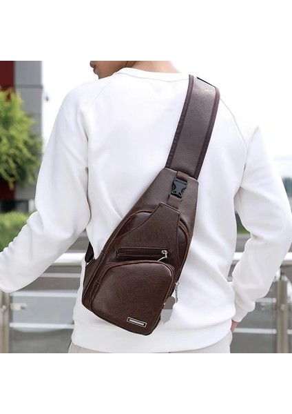 Rahat Moda Omuz Çantası USB Şarj Göğüs Çantası Pu Erkek Göğüs Çantası Iş Crossbody Çanta (Yurt Dışından)