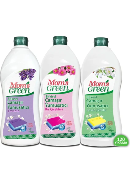 Mom's Green 3'lü Set Bitkisel Çamaşır Yumuşatıcı Lavanta ,Kır Çiçekleri, Beyaz Çiçekler 120 Yıkama  (750 ml x 3)