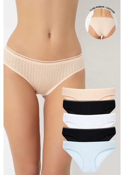 5'li Set Kadın Pamuk Zincir Dikişli Bikini Külot