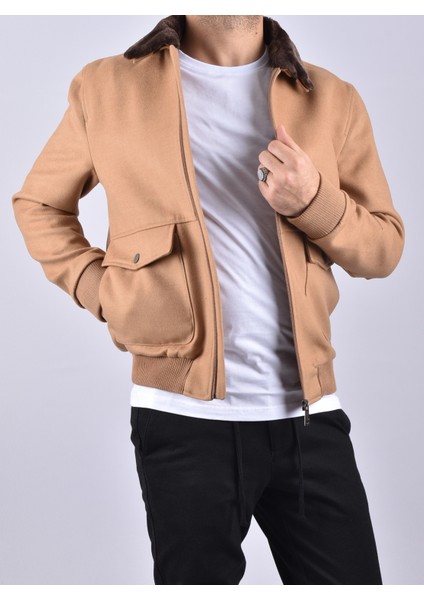 71128 Yaka Kürklü Mont/camel/xl