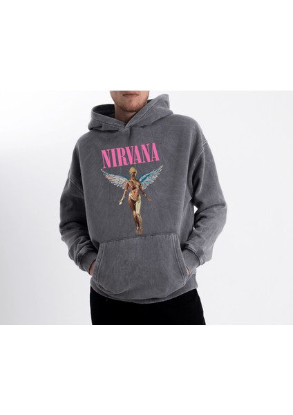Unisex Oversize Eskitme Nirvana Kapüşonlu Sweatshirt