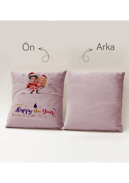 Kişiye Özel Yılbaşı Karikatür Tasarımlı Organizer Kumanda ve Atıştırmalık Cepli Pembe Kırlent Yastık- 2, Yılbaşı Hediyesi, Yeni Yıl Hediyeleri modelleri