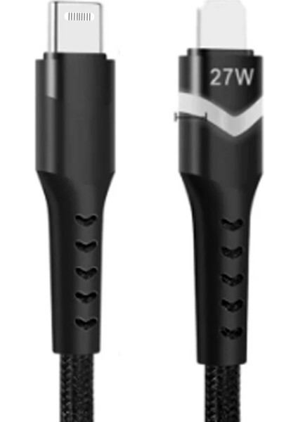 iPhone Uyumlu Lightning Kablo 27W Type-C Hızlı Şarj LED Işıklı Örgü Kablo AL4051