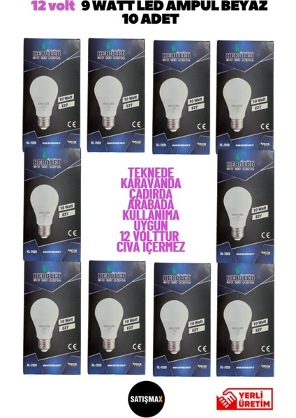 12 Volt 9 Watt LED Ampul Beyaz 10 Adet