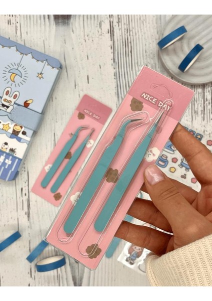 2’li Sticker Cımbızı Seti Düz ve Eğri Uçlu Mavi çıkartma washi Bant Sticker Bullet Journal