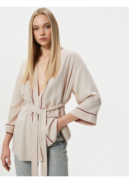 Oversize Kimono Beli Kuşaklı Şeritli Viskon