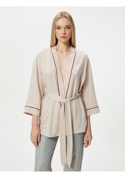 Oversize Kimono Beli Kuşaklı Şeritli Viskon modelleri
