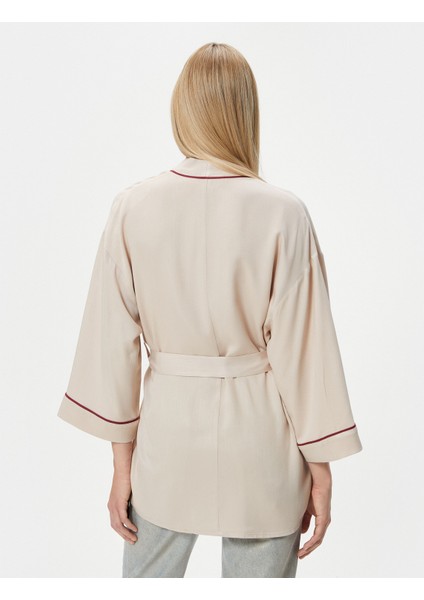 Oversize Kimono Beli Kuşaklı Şeritli Viskon fırsatları