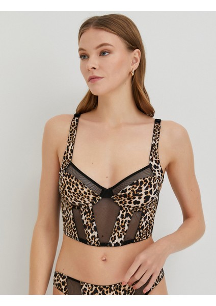 Bralet Sütyen Leopar Desenli Balenli Kapsız Dolgusuz