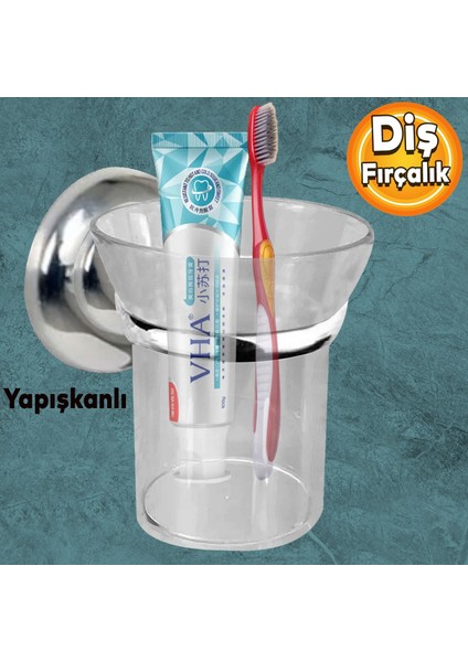 Diş Fırçalık Yapışkanlı Banyo Diş Fırçası Kabı Kutusu Krom Kristal