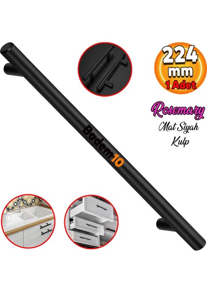 Rosemary Mobilya Mutfak Çekmece Dolap Kapak Kulpu Kulbu 224 mm Mat Siyah Metal Kulp