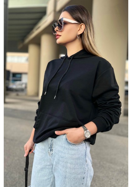 23003-SIYAH Kapsonlu Sweat