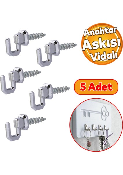 Çengelli Duvar Dolap Çekmece Kapı Metal Anahtar Askı Anahtarlık Askısı Vidalı (5 Adet)