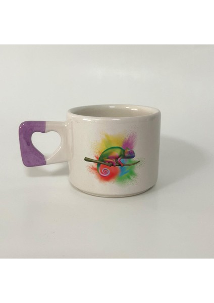 Rengarek Bukalemun Baskılı Mor Kulplu Kalp Kupa