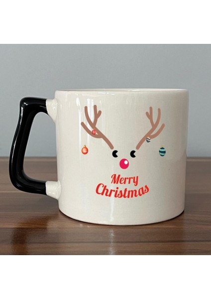 Merry Christmas Geyik Baskılı Siyah Kulplu D Yılbaşı Kupası