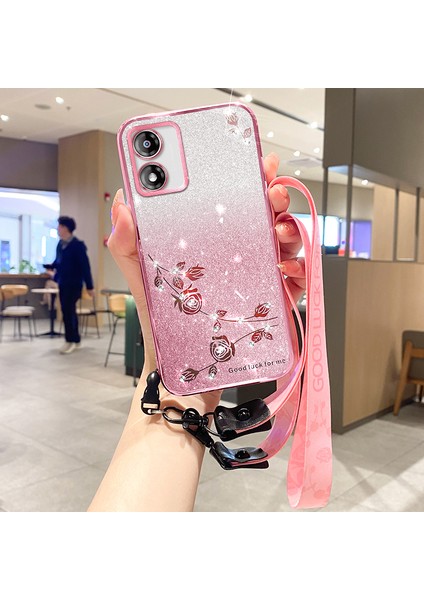 Motorola Moto E13 4g Tpu Kılıfı Çiçek Deseni Glitter Telefon Kapağı Kayış (Yurt Dışından)