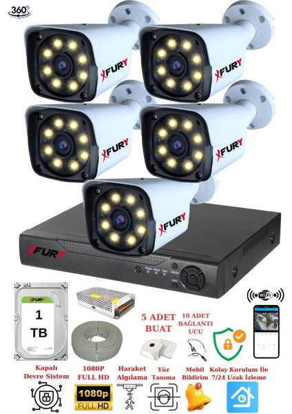 5 Kameralı 5mp Lens 1080p 2mp Color Görüntü 8 Warm Led Gece Görüş Fullhd Güvenlik Kamera 5520w 1 TB