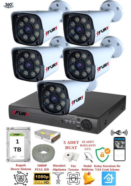 5 Kameralı 5mp Lens 1080p 2mp Color Görüntü 8 Warm Led Gece Görüş Fullhd Güvenlik Kamera 5520w 1 TB