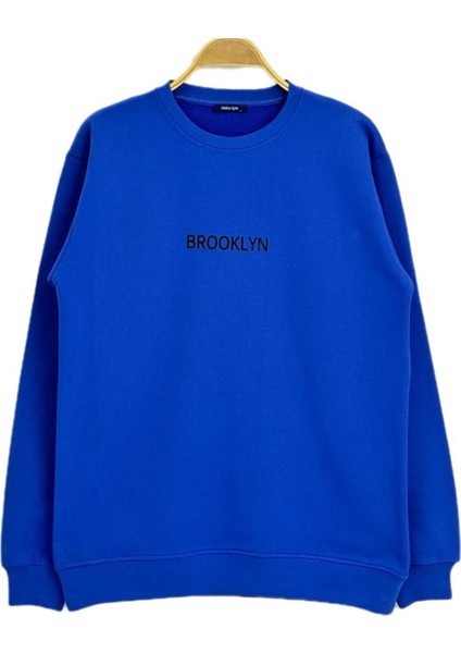 Yüksel Işık Brooklyn Siyah Baskılı - Bisiklet Yaka - Saks Mavisi Renk - Sweatshırt