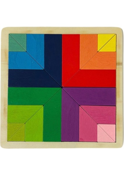 Ahşap Renkli Tangram 24 Parça Zeka Oyunu Eğitici Oyuncak 18X18CM