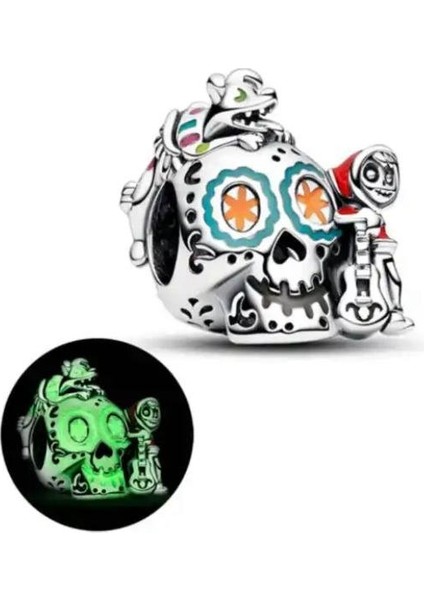 Gümüş S925 Damgalı Pixar Coco Miguel ve Dante Kuru Kafa Karanlıkta Parlayan Charm