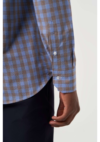Regular Fit Paşa Yaka Ekoseli Kahve Erkek Gömlek GM23K232024_D11