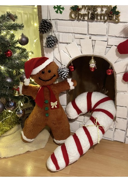 55 cm El Yapımı Ekru Yılbaşı Şekeri Peluş Teddy Kırlent