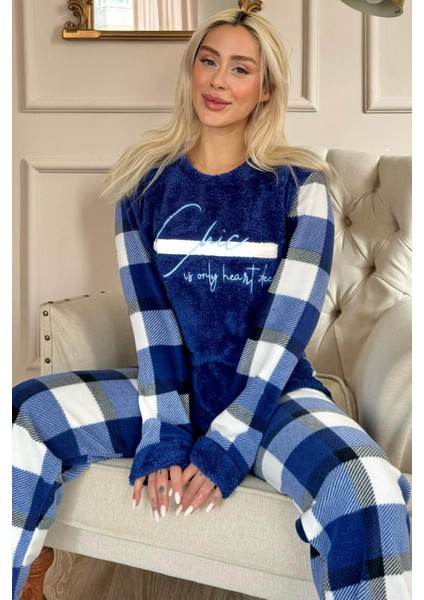 Lacivert Deep Chic Desenli Kadın Peluş Pijama Takımı