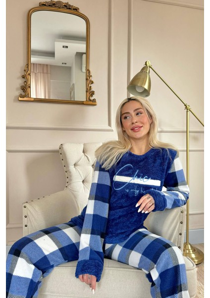 Lacivert Deep Chic Desenli Kadın Peluş Pijama Takımı