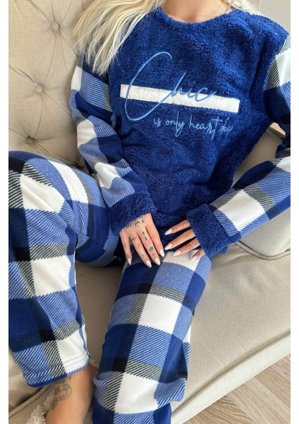 Lacivert Deep Chic Desenli Kadın Peluş Pijama Takımı