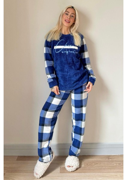 Lacivert Deep Chic Desenli Kadın Peluş Pijama Takımı