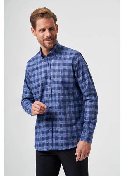 Regular Fit Paşa Yaka Lacivert Kareli Erkek Gömlek GM23Y231039_D39