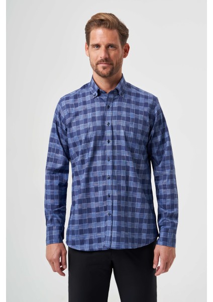 Regular Fit Paşa Yaka Lacivert Kareli Erkek Gömlek GM23Y231039_D39 fırsatları