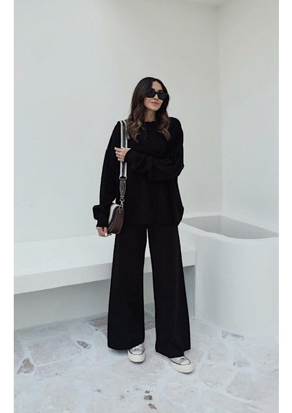 Kadın Siyah Bisiklet Yaka Beli Lastikli Geniş Paça Relax Triko Takım