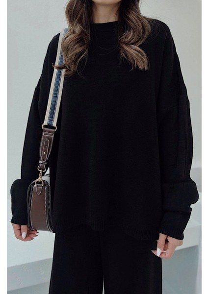 Kadın Siyah Bisiklet Yaka Beli Lastikli Geniş Paça Relax Triko Takım fiyatları