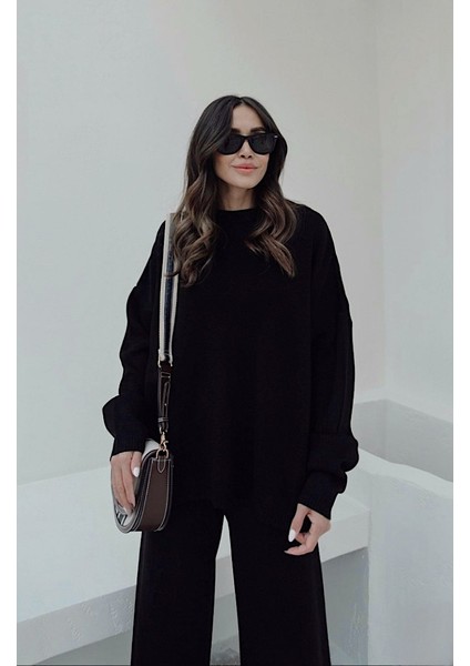 Kadın Siyah Bisiklet Yaka Beli Lastikli Geniş Paça Relax Triko Takım fırsatları