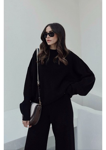 Kadın Siyah Bisiklet Yaka Beli Lastikli Geniş Paça Relax Triko Takım indirimleri