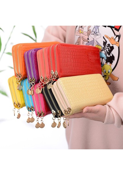 Femalelong Çanta Moda Parlak Lake Sikke Çanta Düz Renk Çift Fermuar Büyük Kapasiteli Kart Taş Desen Uzun Cüzdan (Yurt Dışından)
