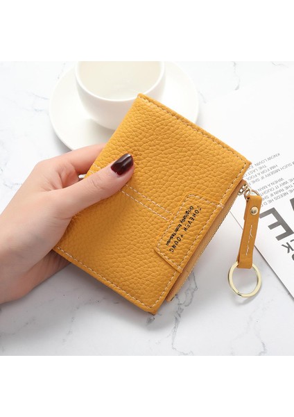 Yeni Sarı Kadın Cüzdan Yumuşak Pu Deri Kadın Çanta Mini Çile Kart Tutucu Para Kısa Cüzdan Ince Küçük Çanta Fermuar Anahtarlık (Yurt Dışından)