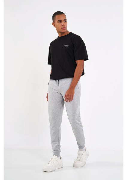 Erkek Gri Slim Fit Jogger Cep Nakış Fermuar Detaylı Eşofman Altı