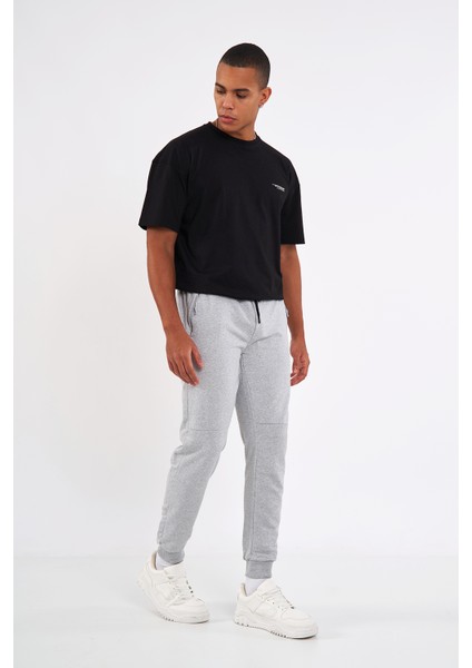Erkek Gri Slim Fit Jogger Cep Nakış Fermuar Detaylı Eşofman Altı
