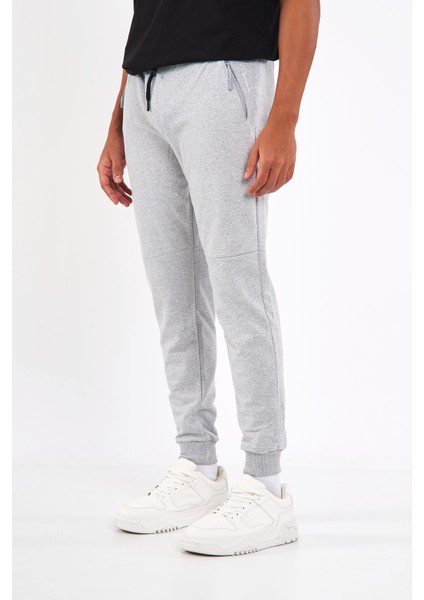 Erkek Gri Slim Fit Jogger Cep Nakış Fermuar Detaylı Eşofman Altı