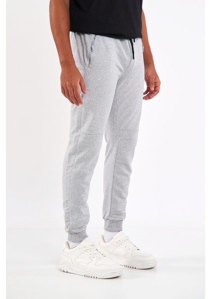 Erkek Gri Slim Fit Jogger Cep Nakış Fermuar Detaylı Eşofman Altı